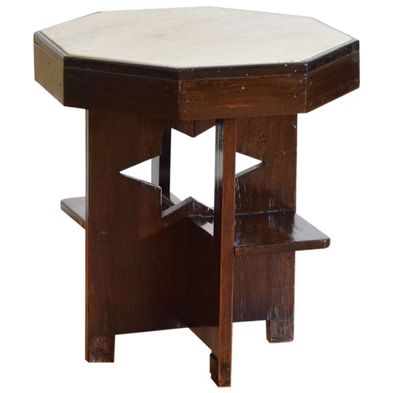 French Late Art Deco Shaped Hardwood & Marble Top Side Table, ca. 1940 For Sale