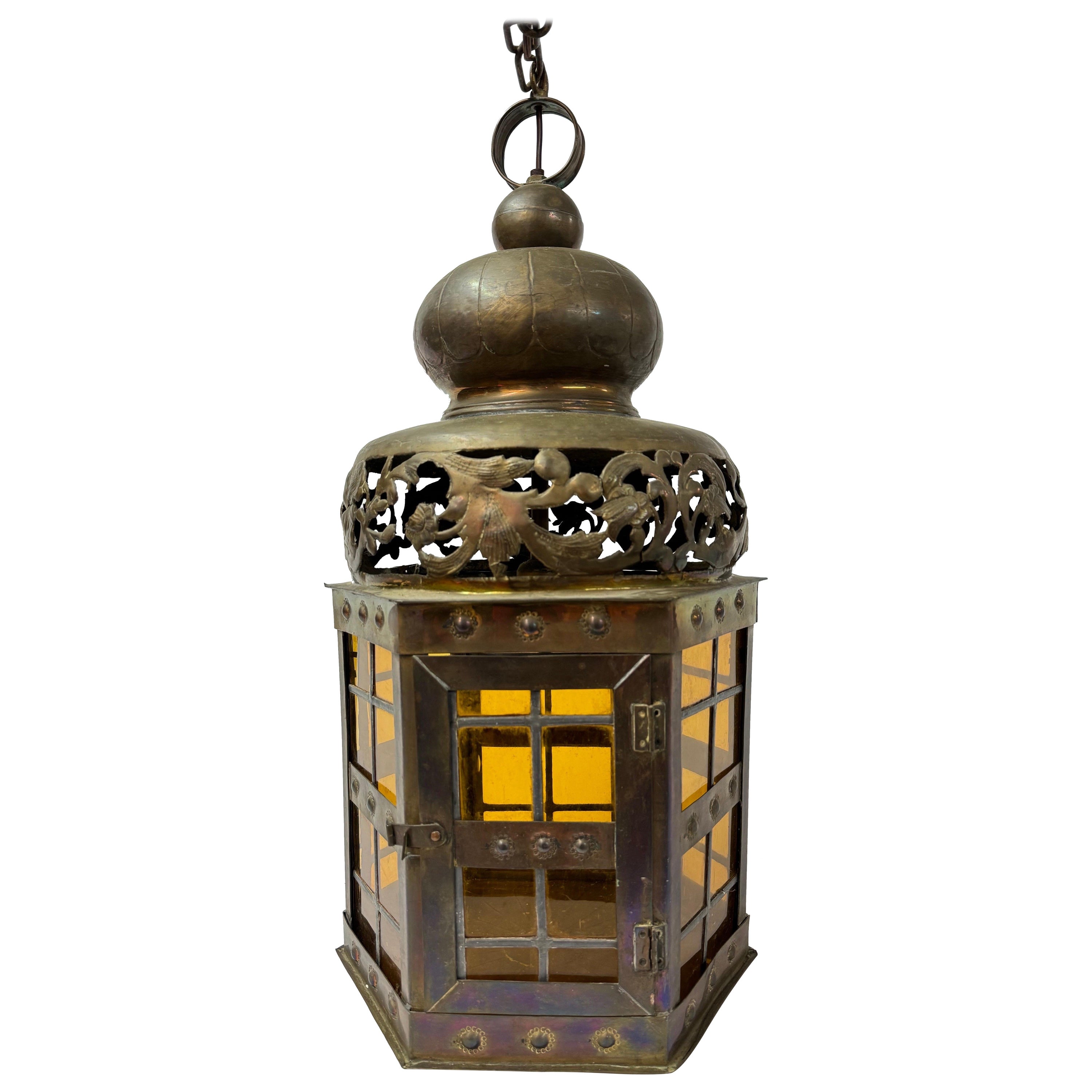 Pierced Moroccan Brass Lantern Style Chandelier For Sale