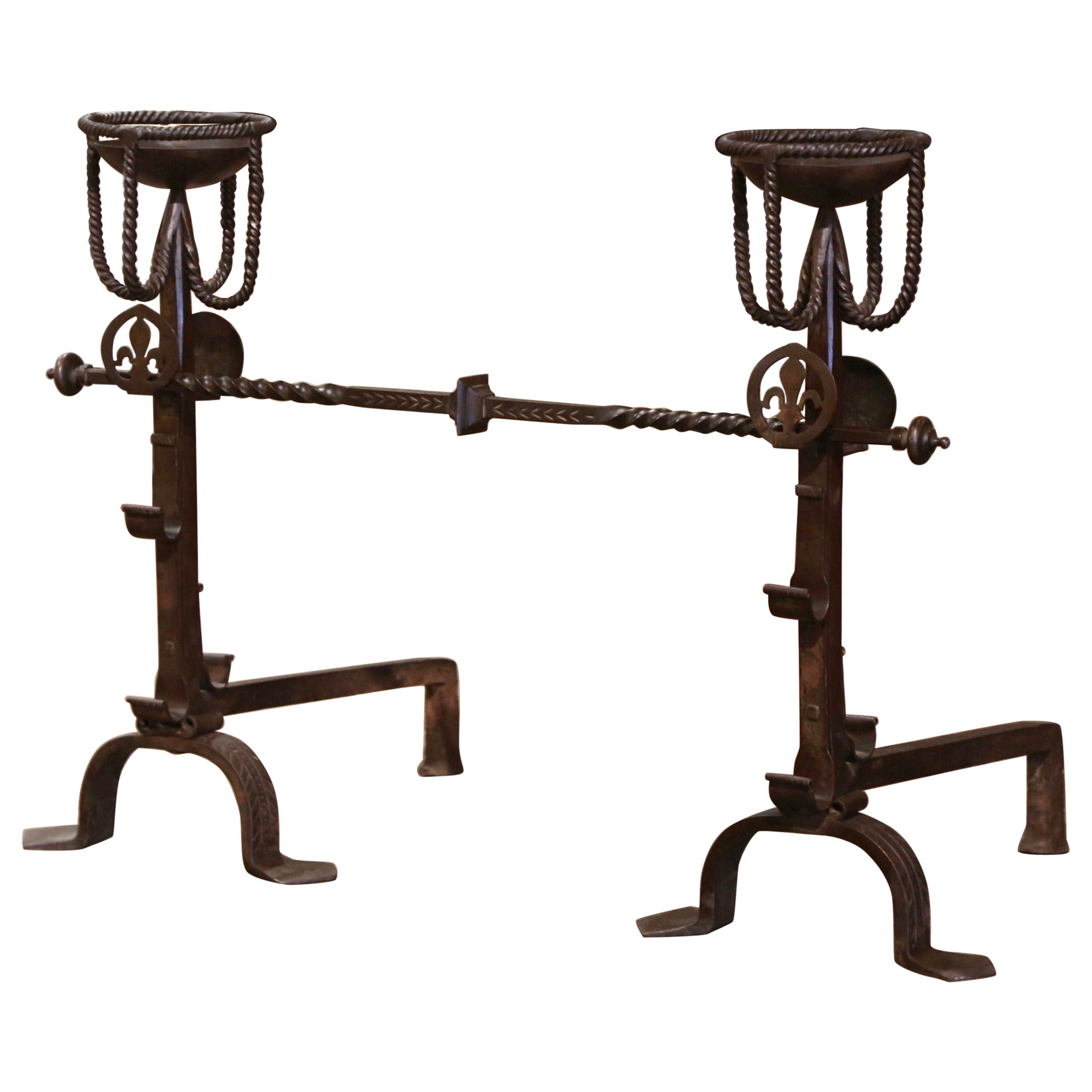 Pair of 19th Century French Wrought Iron “Landiers” Andirons with Fleur de Lys For Sale