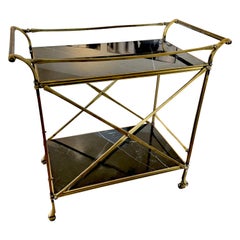 Vintage Brass Rolling Bar Cart With Black Marble Shelves