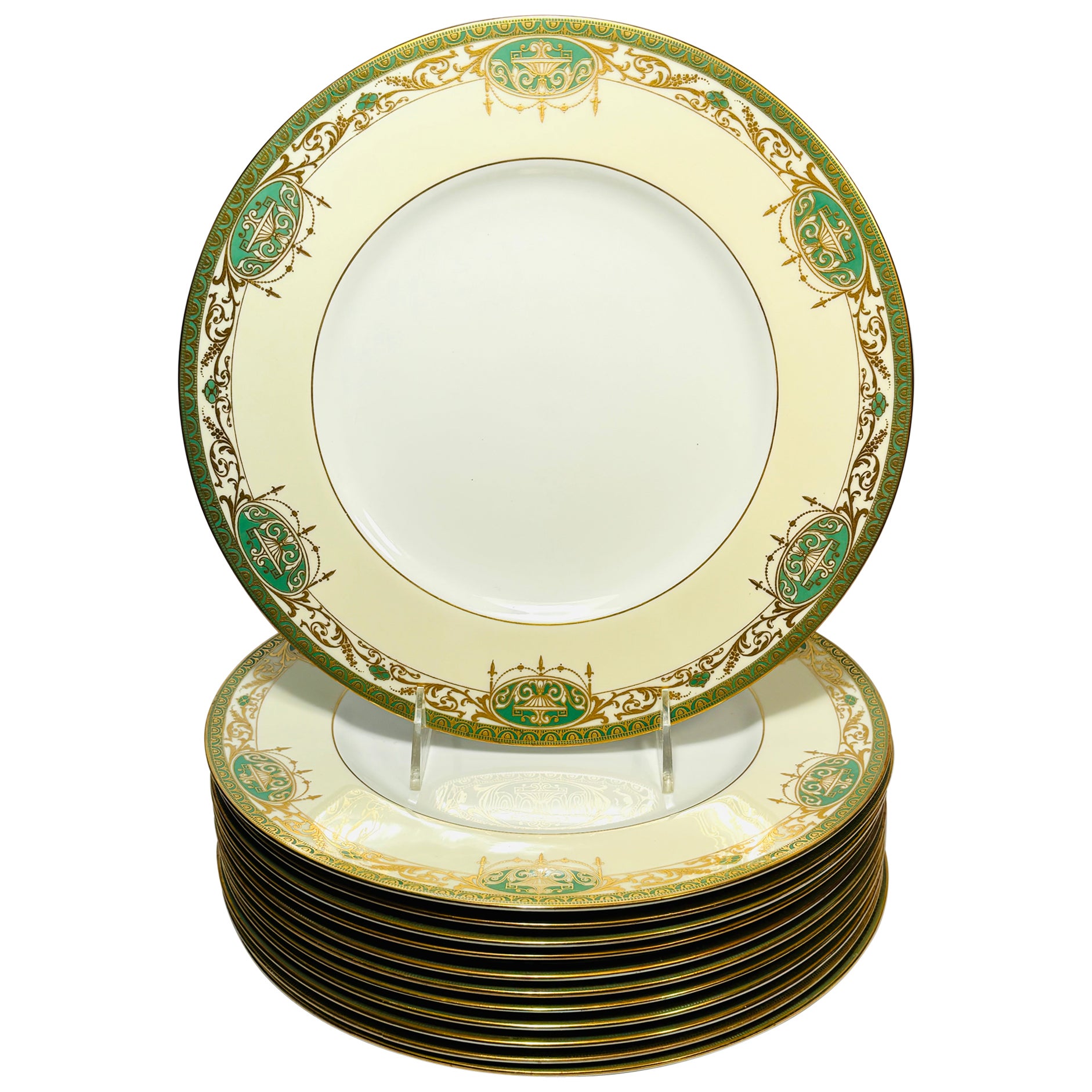12 Antique English Green & Embossed Gilt Dinner Plates, Neo Classical Motif For Sale