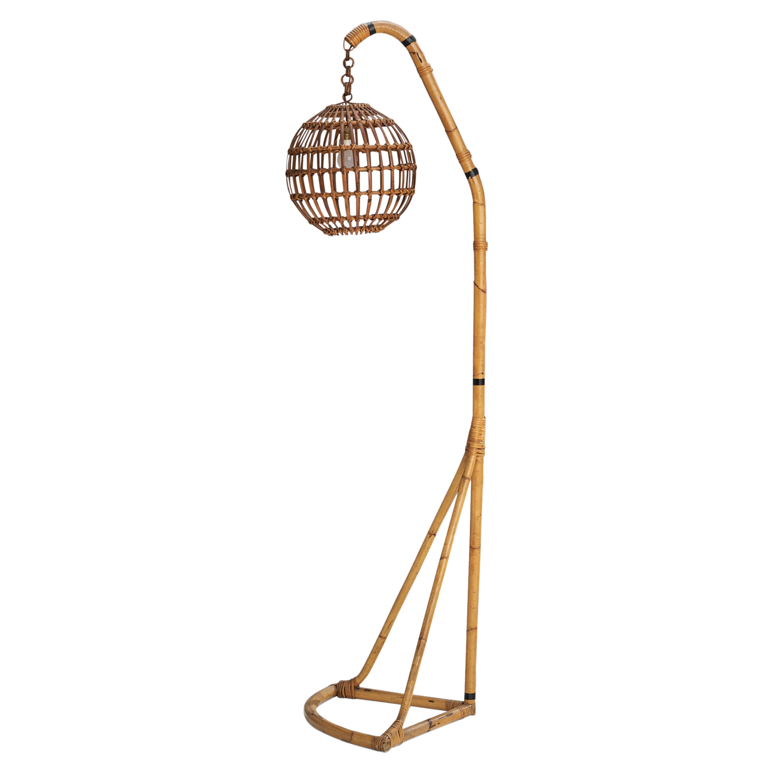 Italian Designer, Floor Lamp, Bamboo, Rattan, Italy, 1960s For Sale