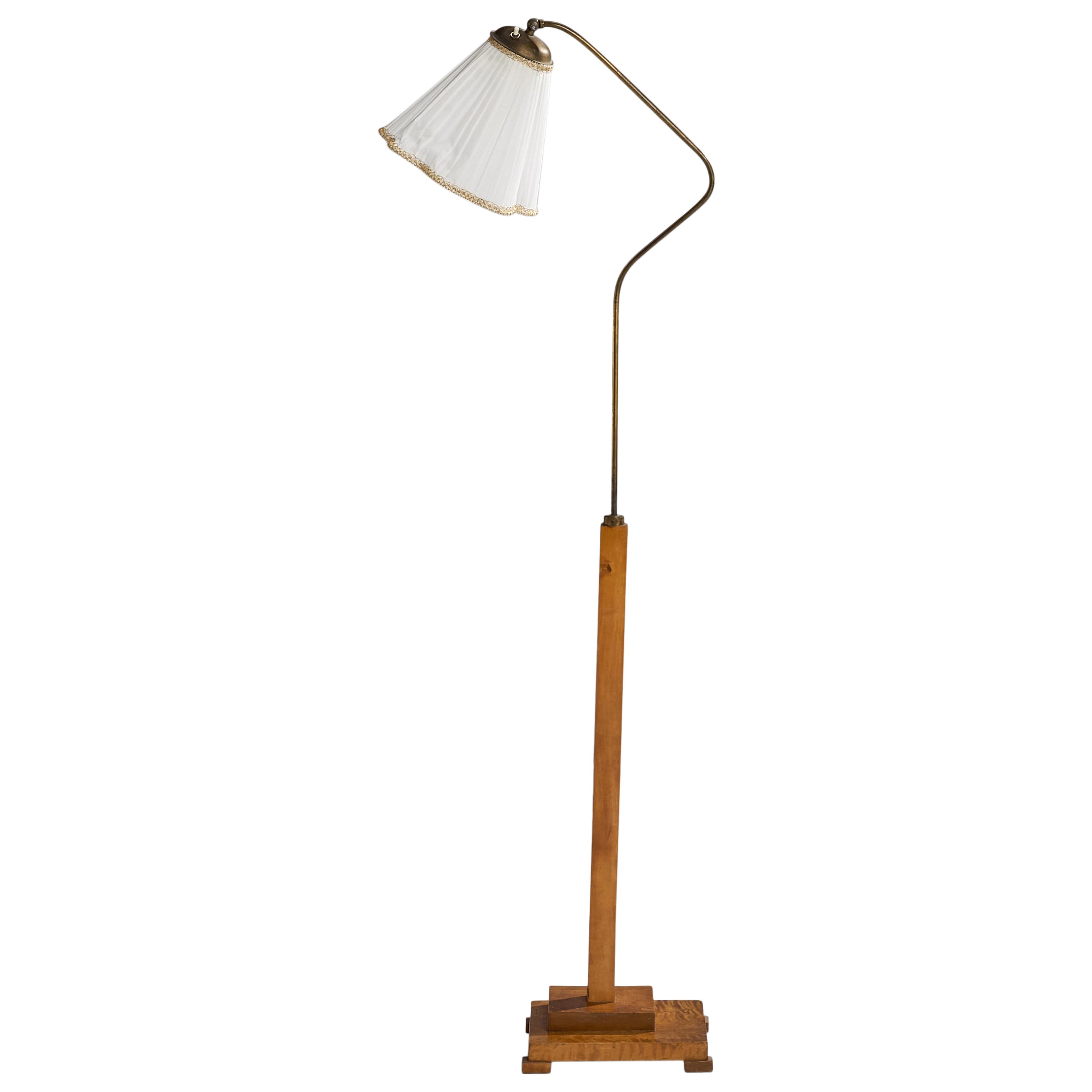 Swedish Designer, Floor Lamp, Brass, Birch, Fabric, Sweden, 1930s. For Sale