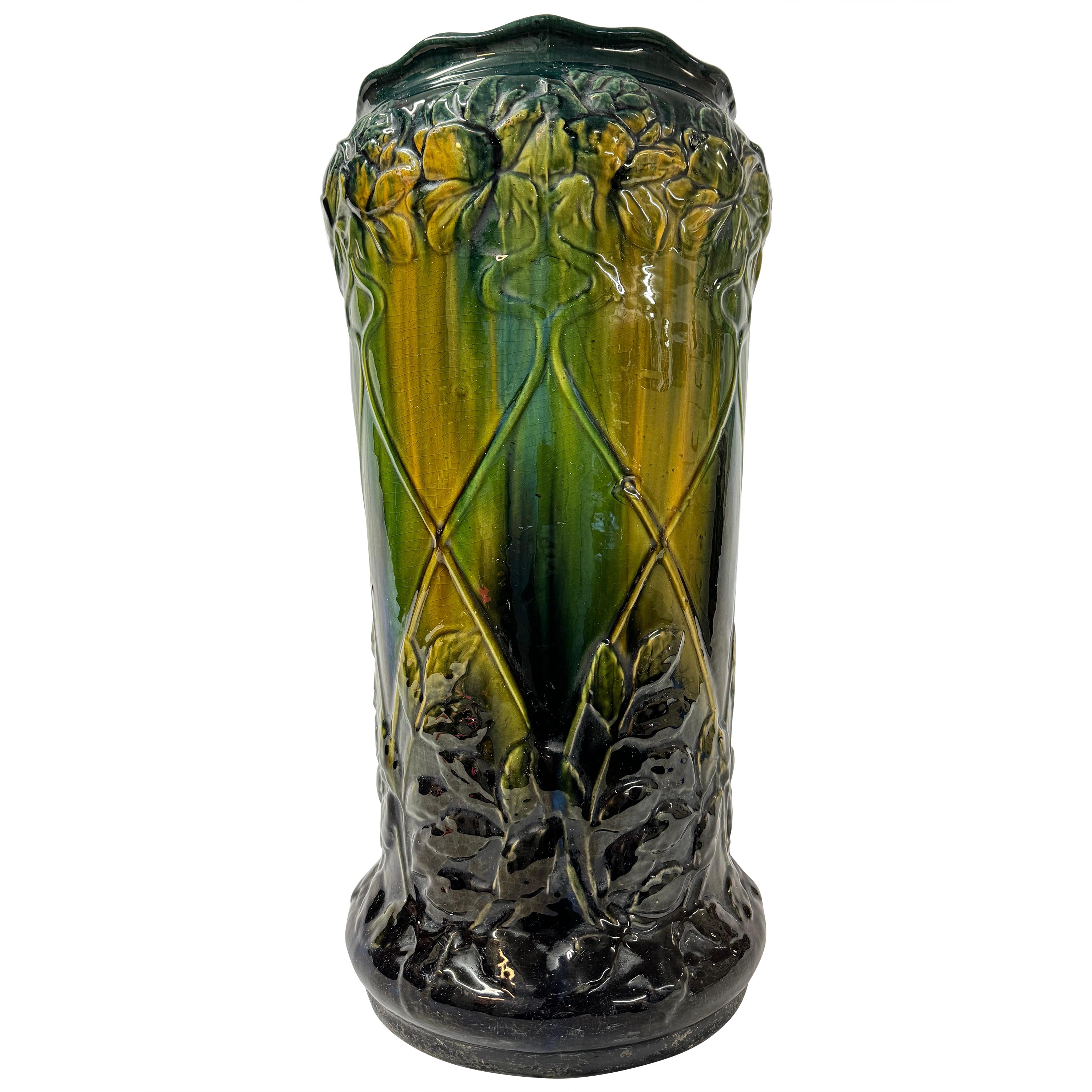 1910 Vintage Art Pottery Porta ombrelli in ceramica floreale