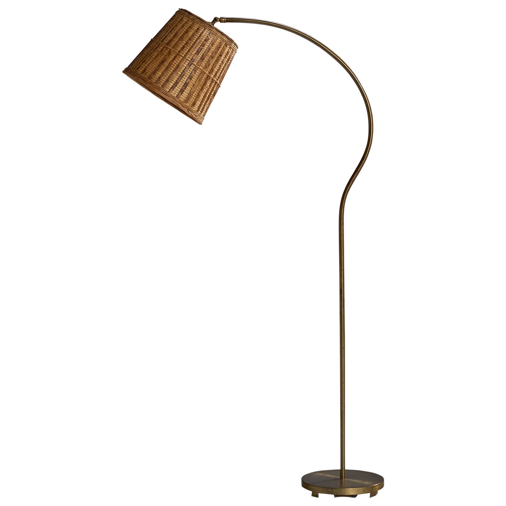 Swedish Designer, Floor Lamp, Brass, Rattan, Sweden, 1940s For Sale