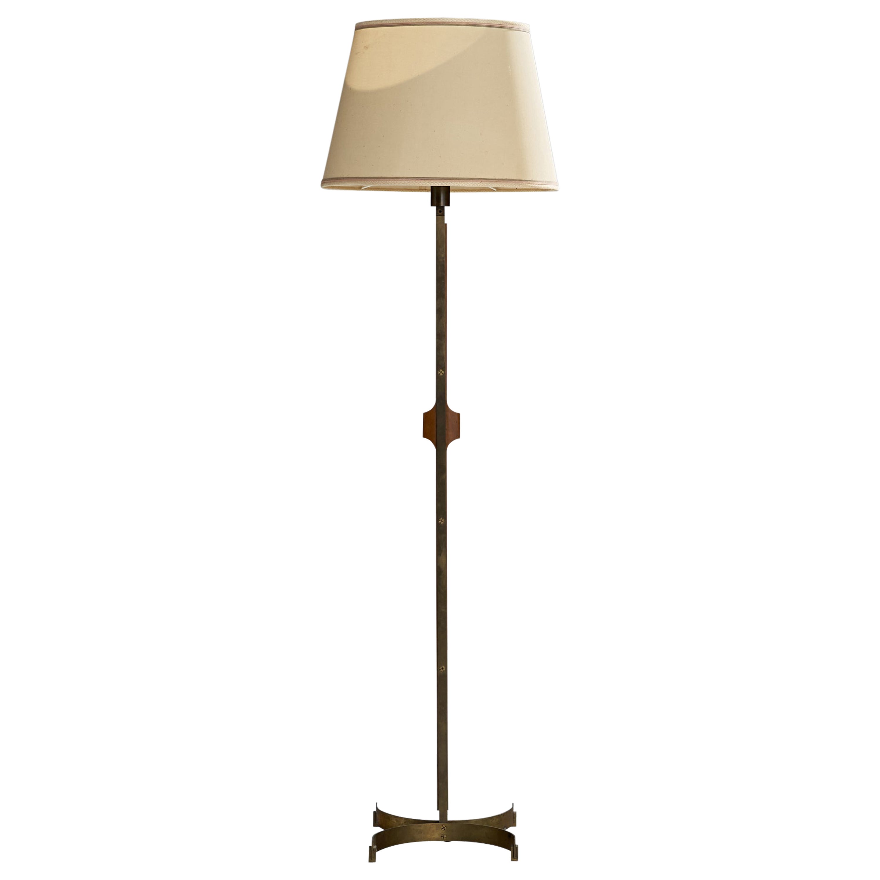 Italian Designer, Floor Lamp, Brass, Walnut, Fabric, Italy, 1940s For Sale
