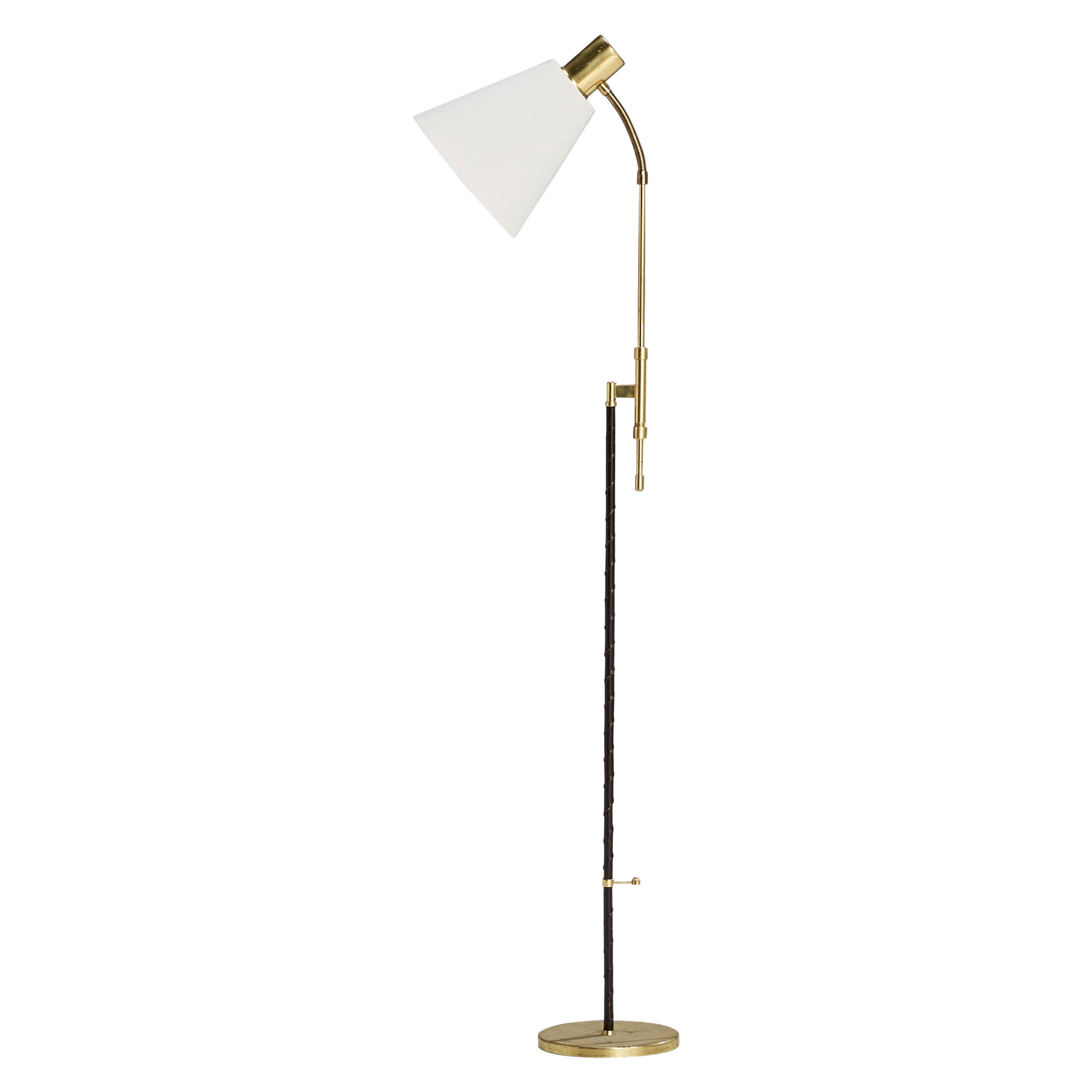 Falkenbergs Belysning, lampada da terra, ottone, pelle, tessuto, anni '50