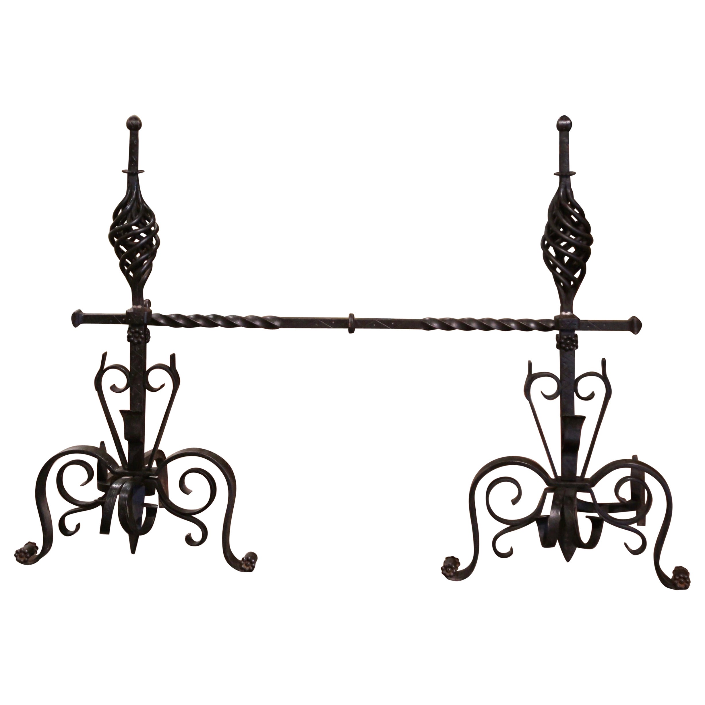 Pair of Early 19th Century French Wrought Iron Andirons with matching Cross Bar For Sale
