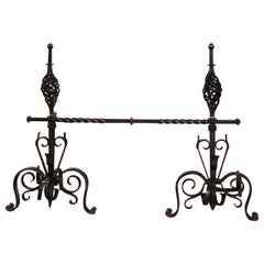 Pair of Early 19th Century French Wrought Iron Andirons with matching Cross Bar