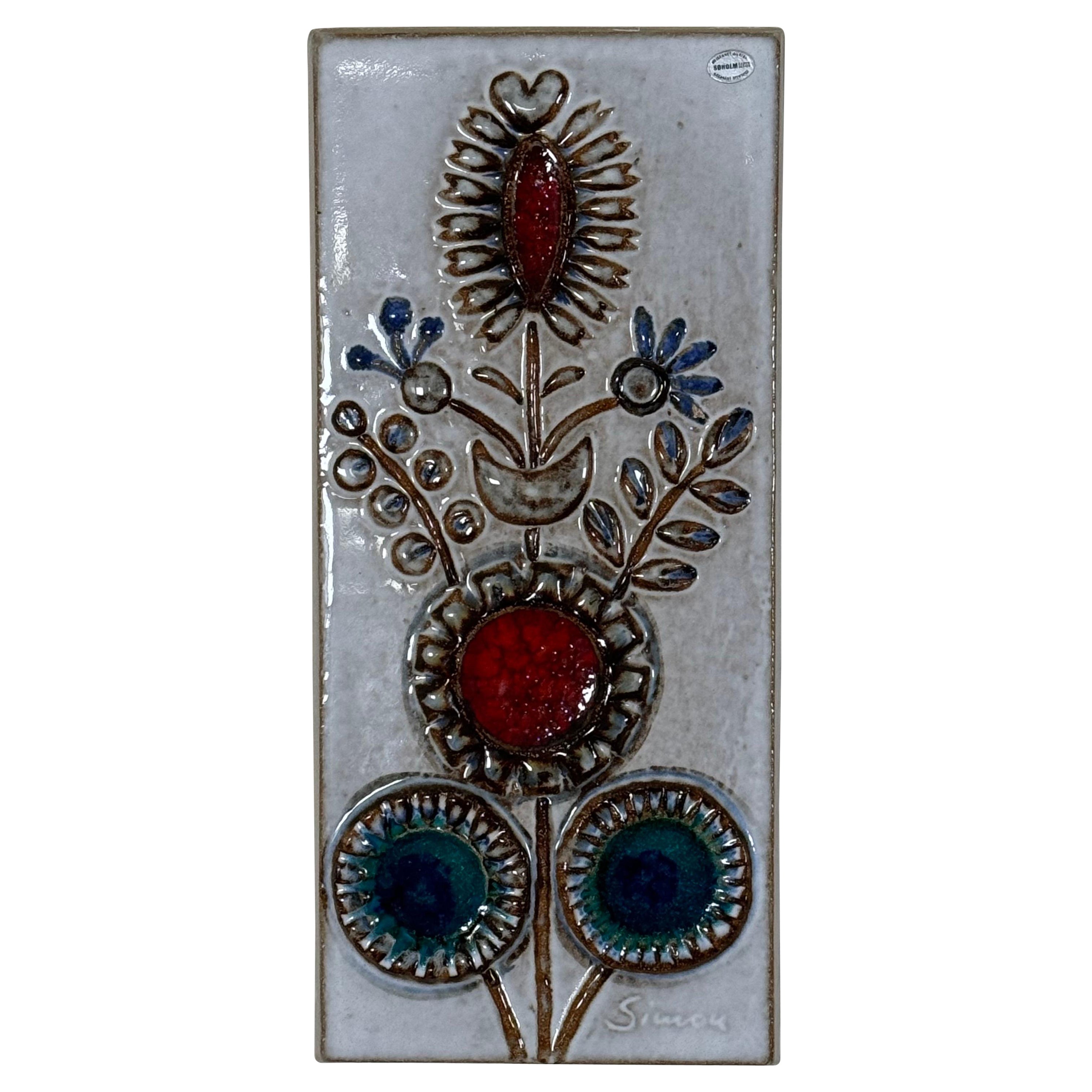 Danish Ceramic Abstract Flower Wall Plaque by Soholm For Sale