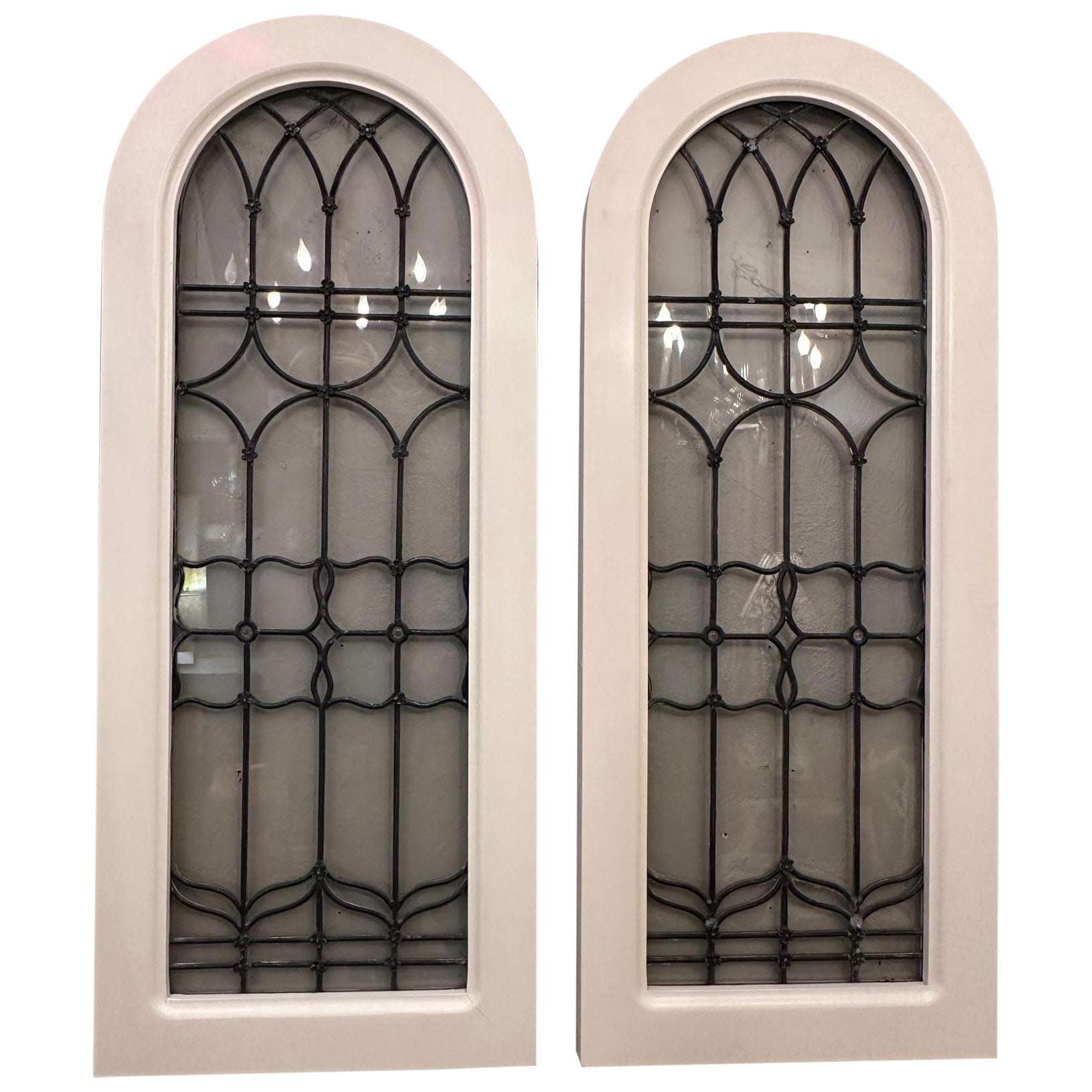 Beautiful Pair of Antique Leaded Glass Windows Wall Decor For Sale