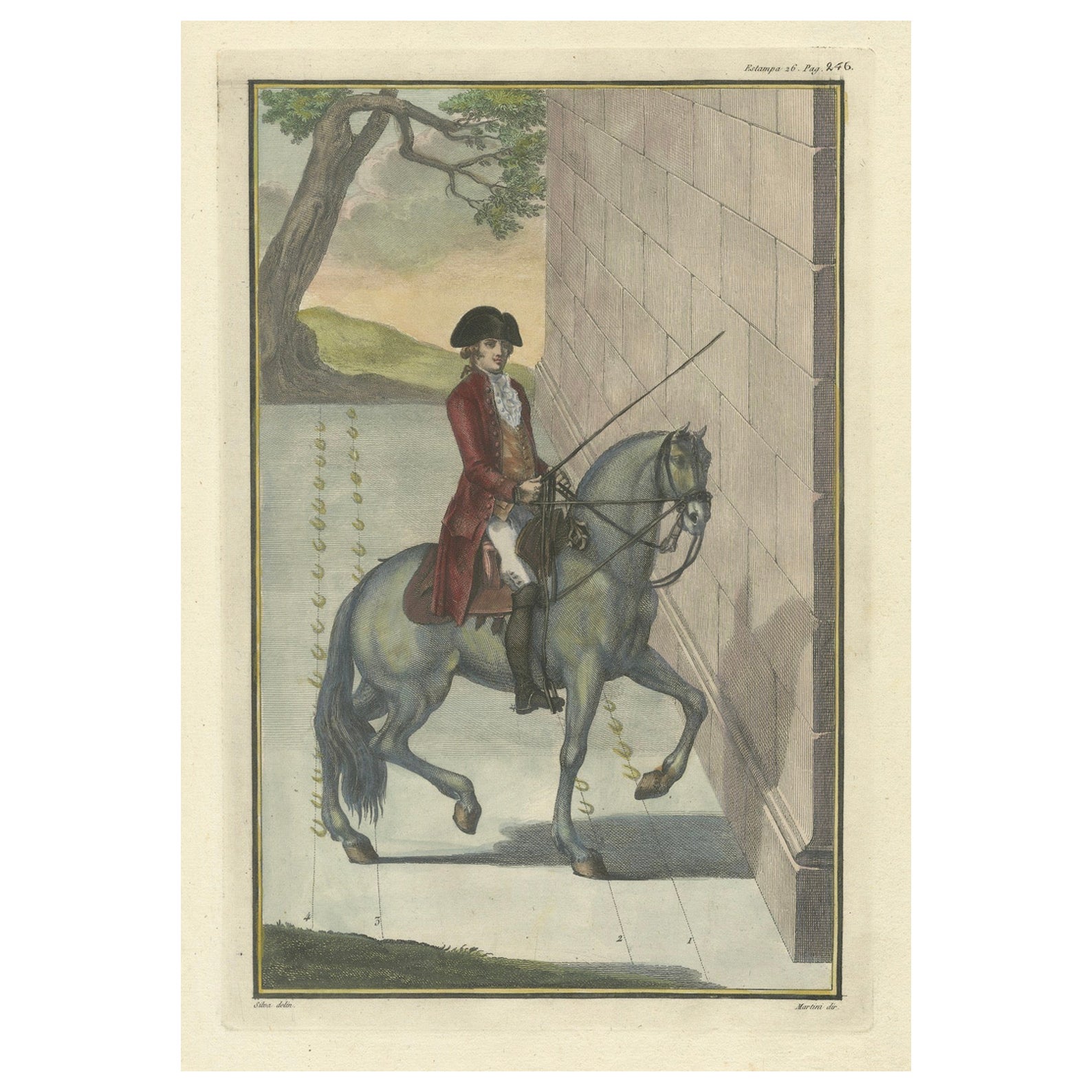 Impression équestre ancienne peinte à la main du célèbre art de l'équitation, 1790 en vente