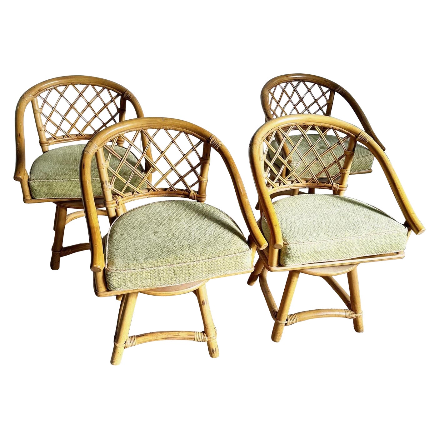 Boho Chic Bamboo Rattan Swivel Dining Arm Chairs by Ficks Reed For Sale