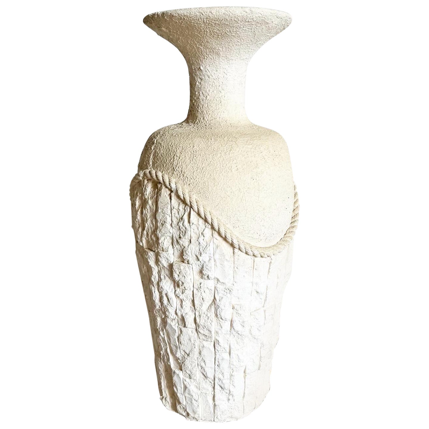 Postmodern Faux Tessellated Stone Plaster Floor Vase With Sculpted Rope For Sale