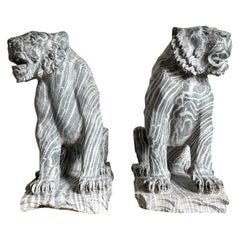 Hand Carved Black Marble Tiger Statues - a Pair