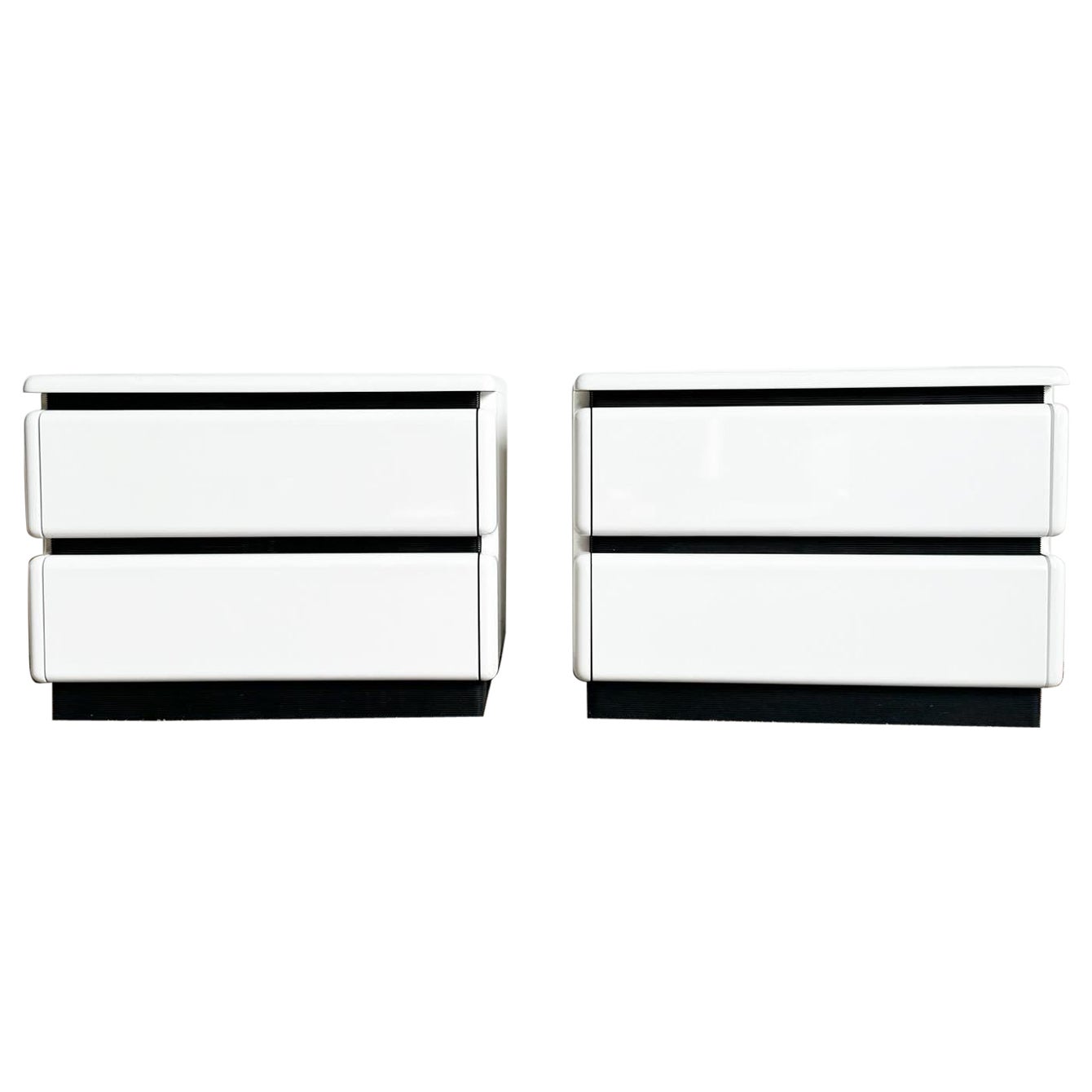 Postmodern Storm Trooper White Lacquered and Black Nightstands by Reuben's For Sale