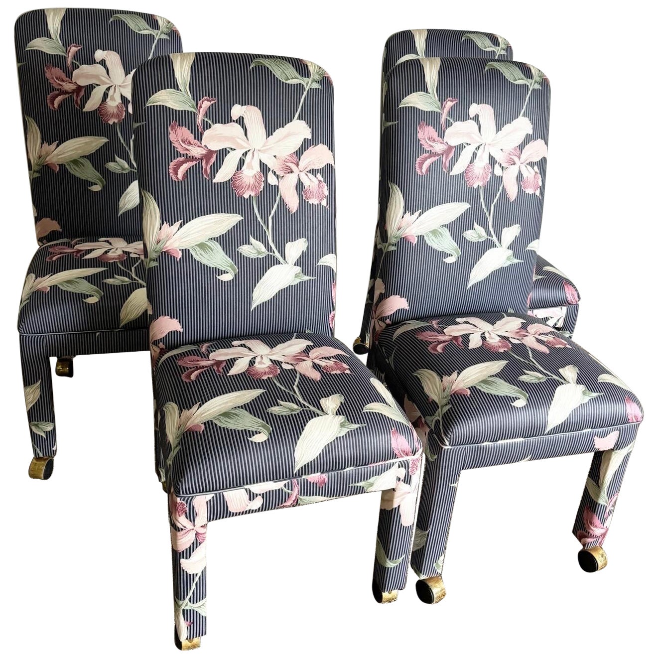 Postmodern Navy Blue Pinstripe and Pink Hibiscus Parsons Chairs on Casters For Sale