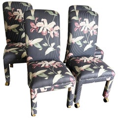 Vintage Postmodern Navy Blue Pinstripe and Pink Hibiscus Parsons Chairs on Casters