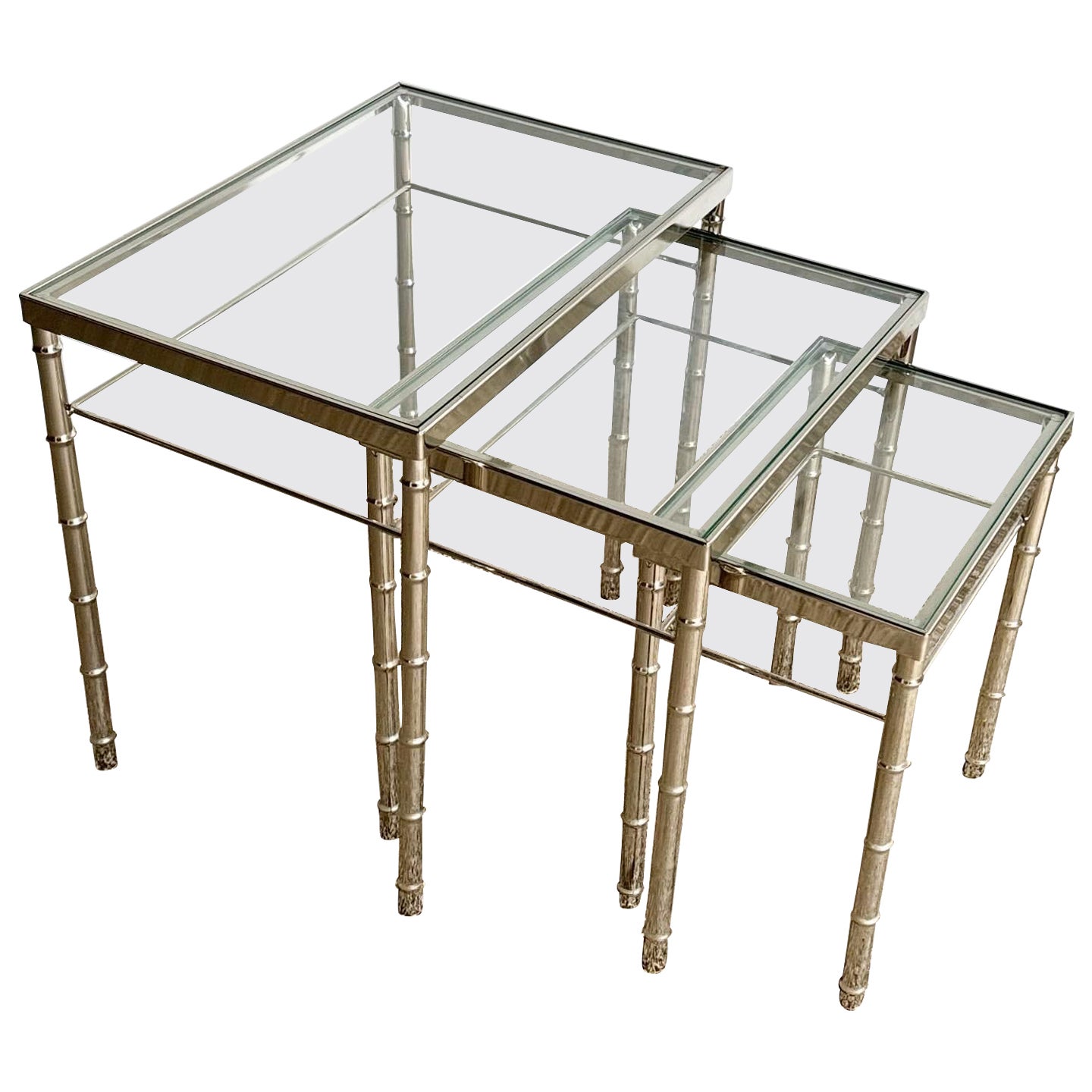 Mid Century Modern Chrome Faux Bamboo Glass Top Nesting Tables - Set of 3 For Sale