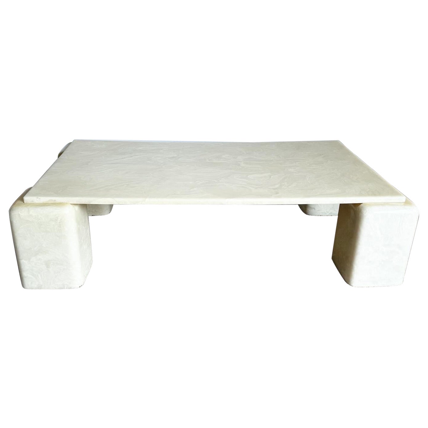 Postmodern Cast Stone Faux Marble Rectangular Coffee Table With Nested Legs For Sale
