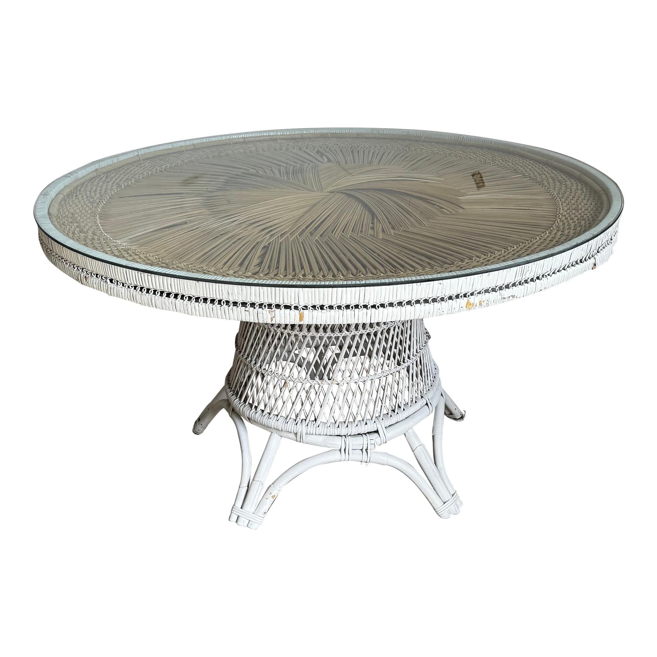 Boho Chic Buri Rattan White Dining Table With Glass Top For Sale