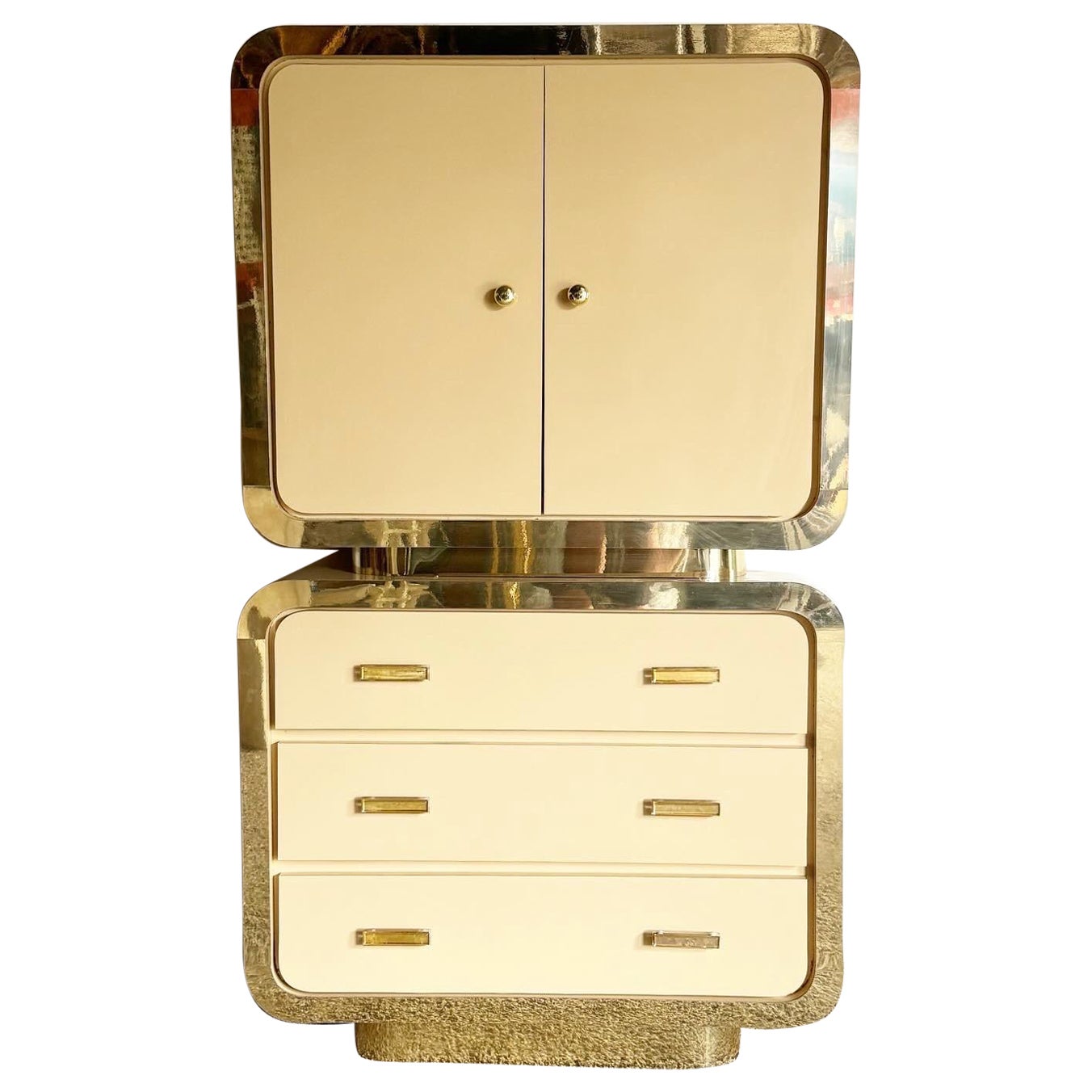 Postmodern Flesh Lacquer Laminate Armoire Chest Set With Gold Accents For Sale