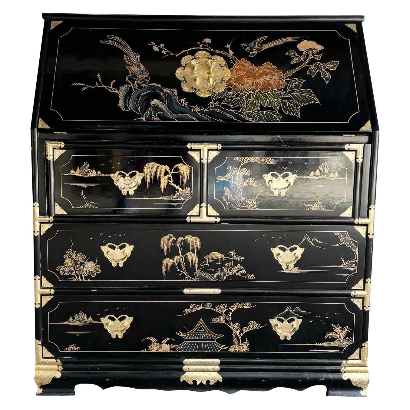 Chinese Hand Painted/Black Lacquered and Brass Secretary Desk