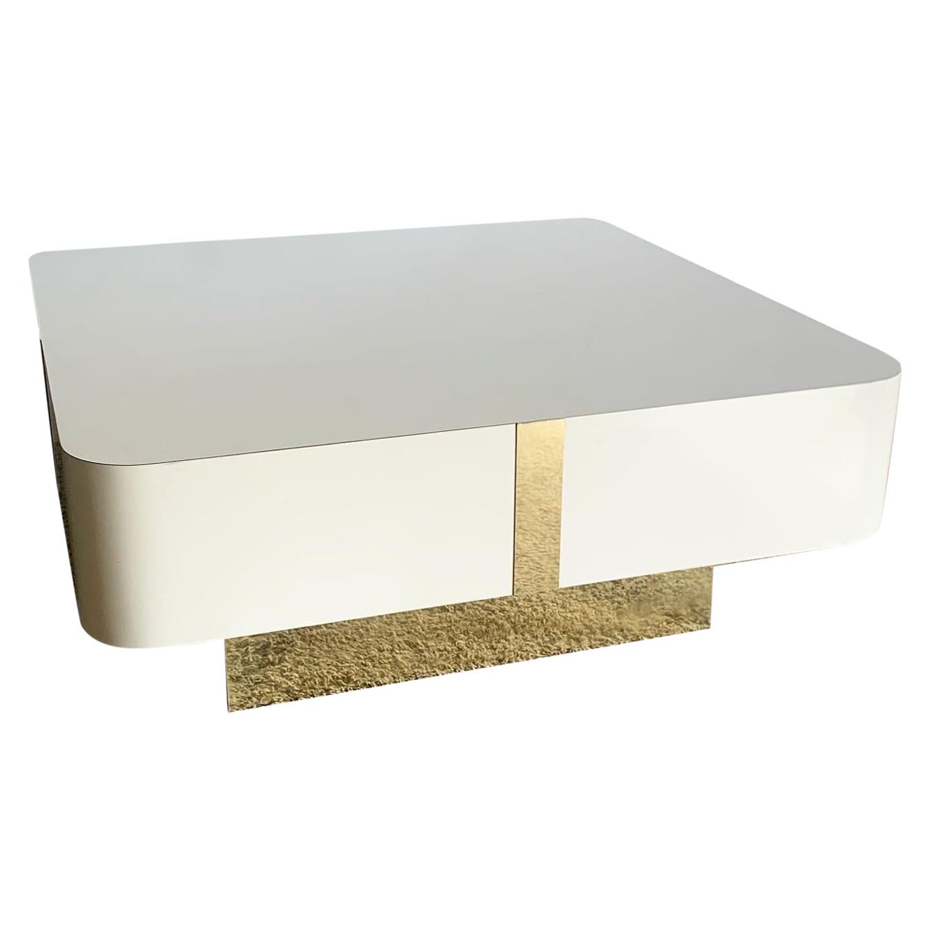Postmodern Cream Lacquer Laminate Square Top Coffee Table With Gold Accents