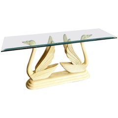 Postmodern Carved Wooden Swan Pedestal Glass Top Console Table