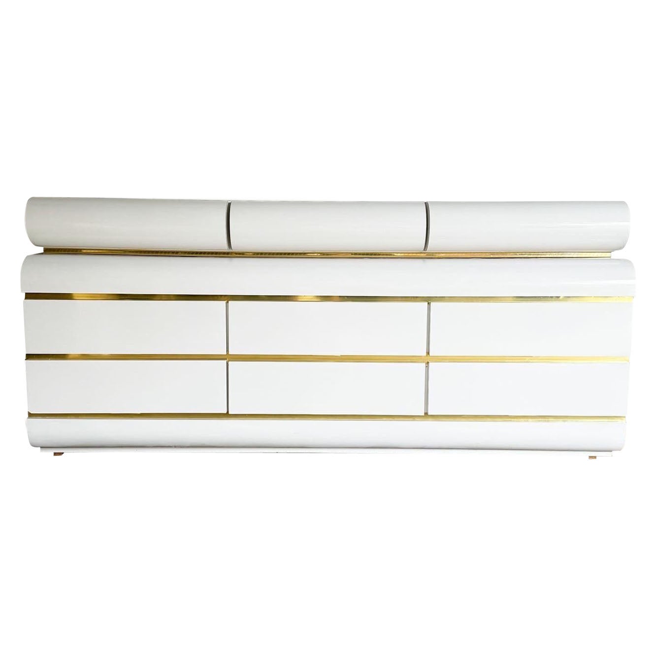 Postmodern White Laminate Bullnose Dresser With Removable Top and Gold Accents For Sale