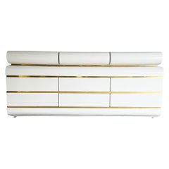 Postmodern White Laminate Bullnose Dresser With Removable Top and Gold Accents