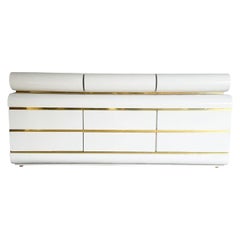 Vintage Postmodern White Laminate Bullnose Dresser With Removable Top and Gold Accents