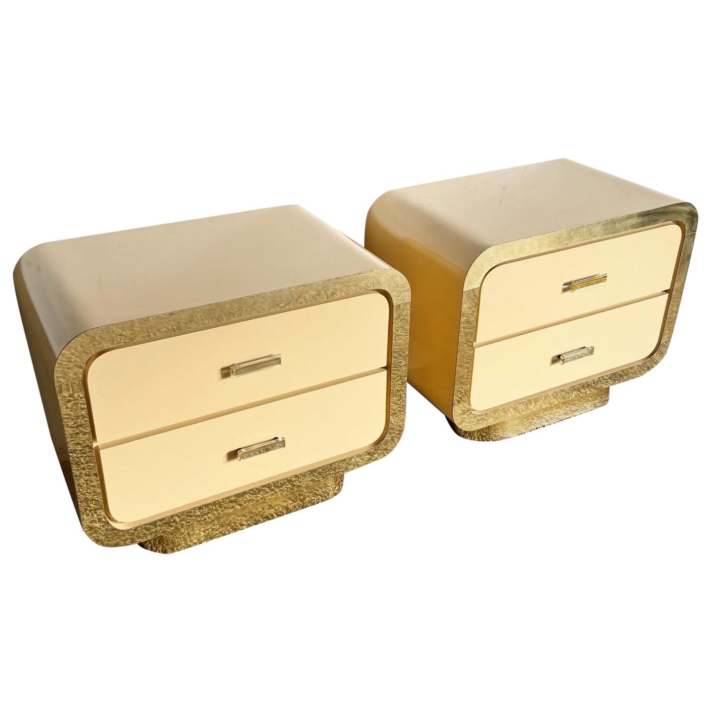 Postmodern Flesh Lacquer Laminate Waterfall Nightstands With Gold Accents - Pair For Sale