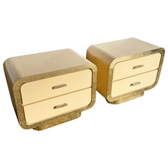 Postmodern Flesh Lacquer Laminate Waterfall Nightstands With Gold Accents - Pair