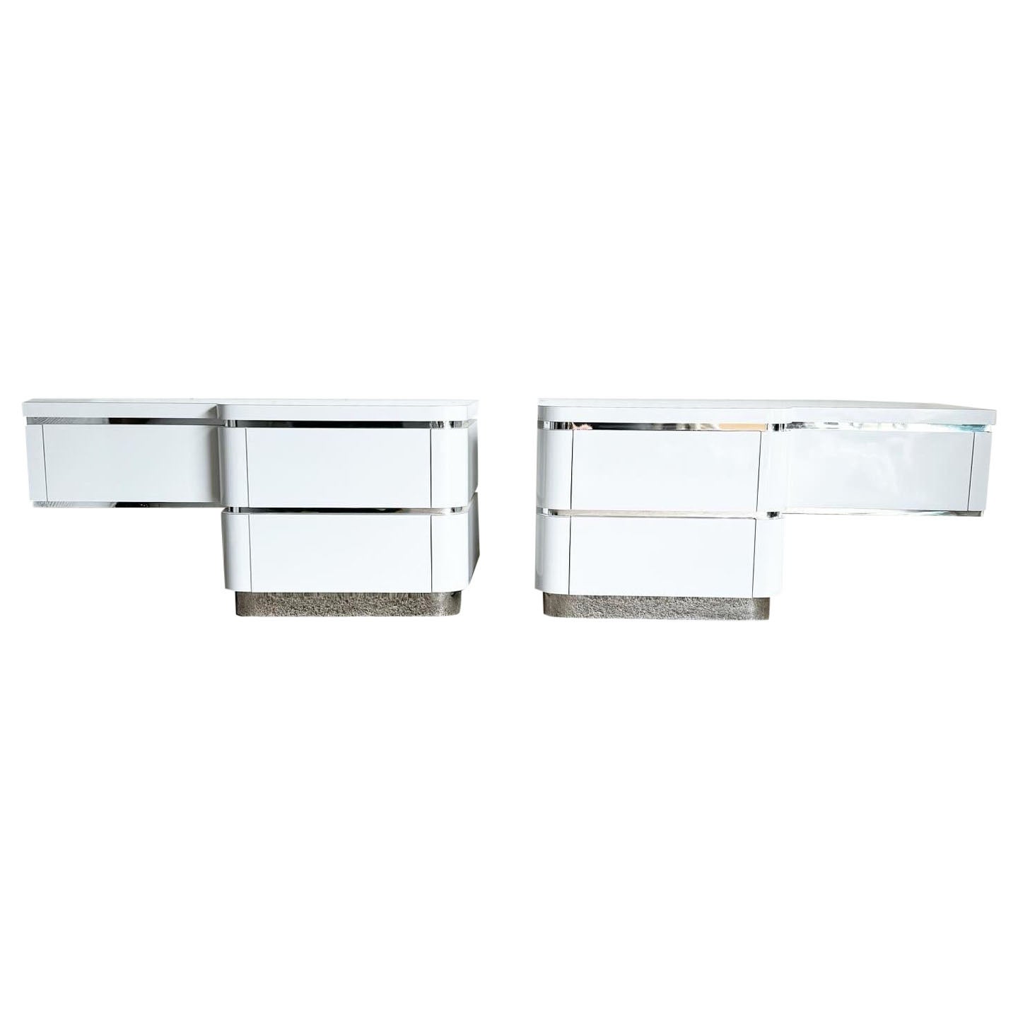 Postmodern Oversized White Lacquer Laminate and Chrome Nightstands/Dressers For Sale