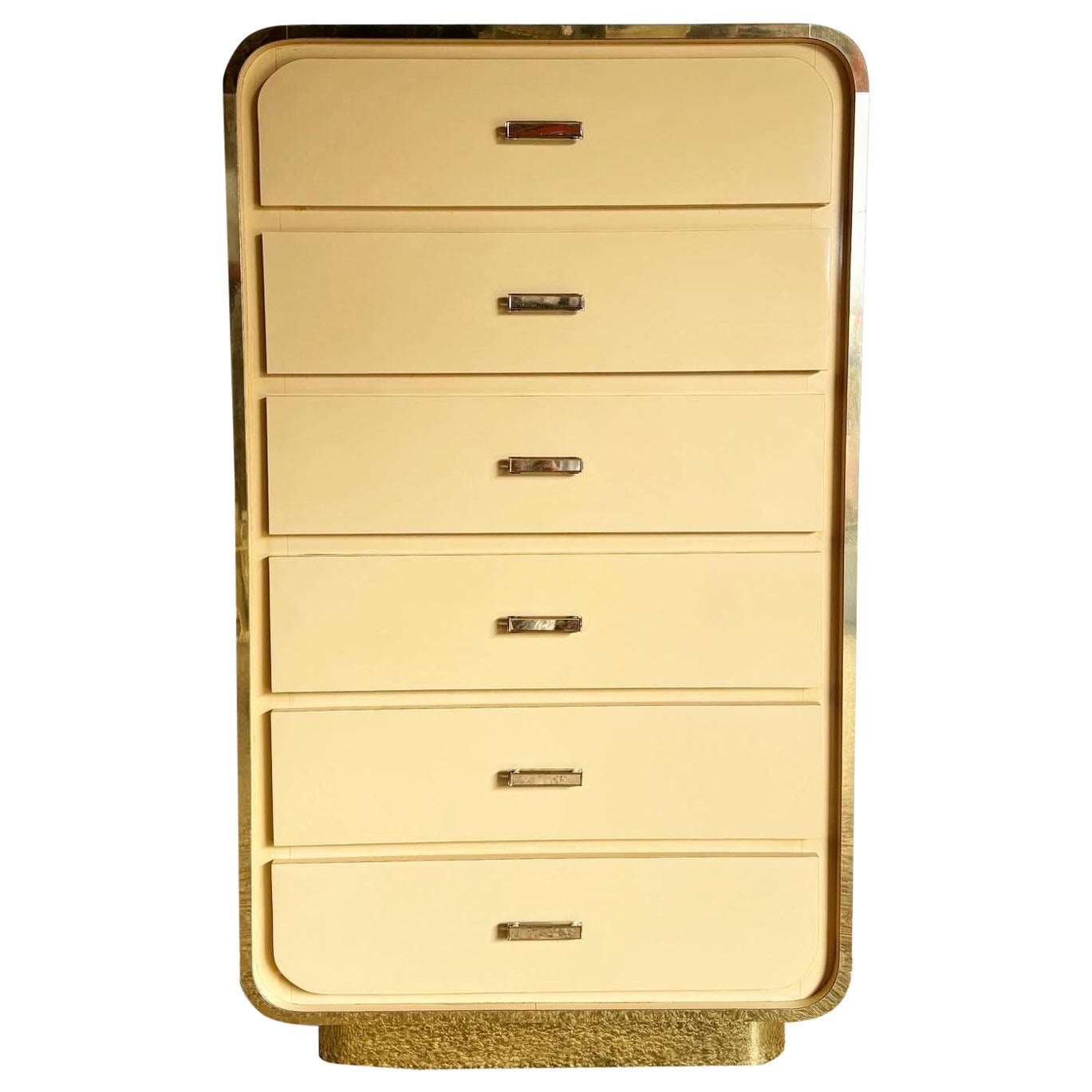 Postmodern Flesh Lacquer Laminate Waterfall Highboy Dresser With Gold Accents For Sale