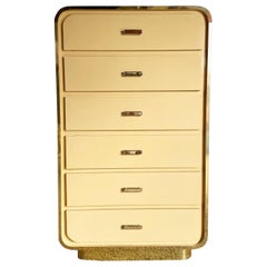 Postmodern Flesh Lacquer Laminate Waterfall Highboy Dresser With Gold Accents