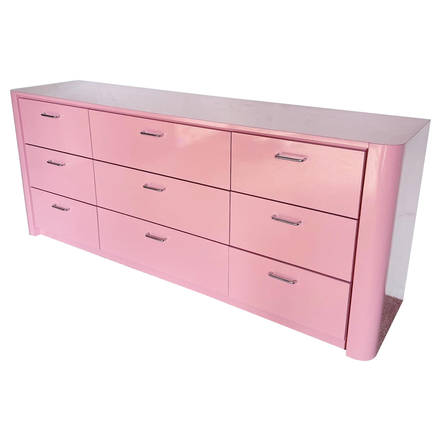 Postmodern Pink Lacquer Laminate Dresser - 9 Drawers