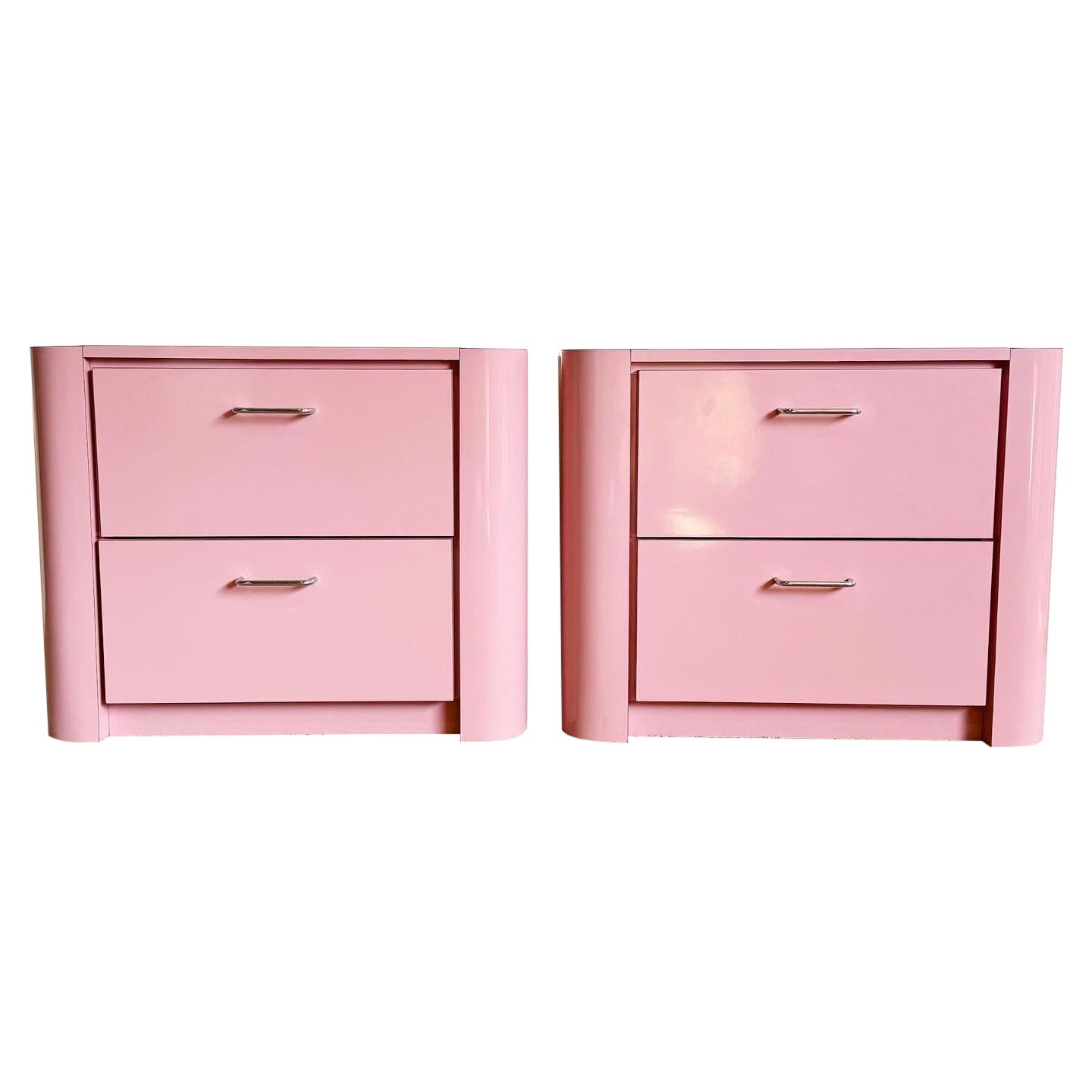 Postmodern Pink Lacquer Laminate Nightstands With Chrome Handles - a Pair For Sale