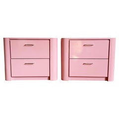 Vintage Postmodern Pink Lacquer Laminate Nightstands With Chrome Handles - a Pair