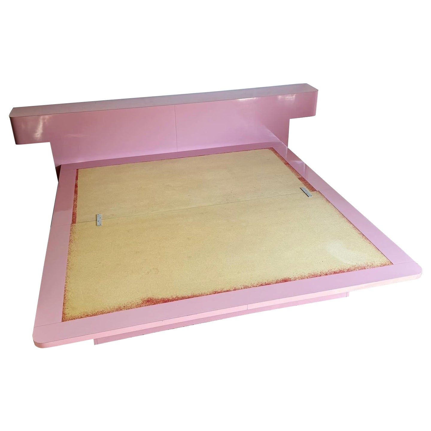 Postmodern Pink Lacquer Laminate King Size Platform Bed and Headboard For Sale