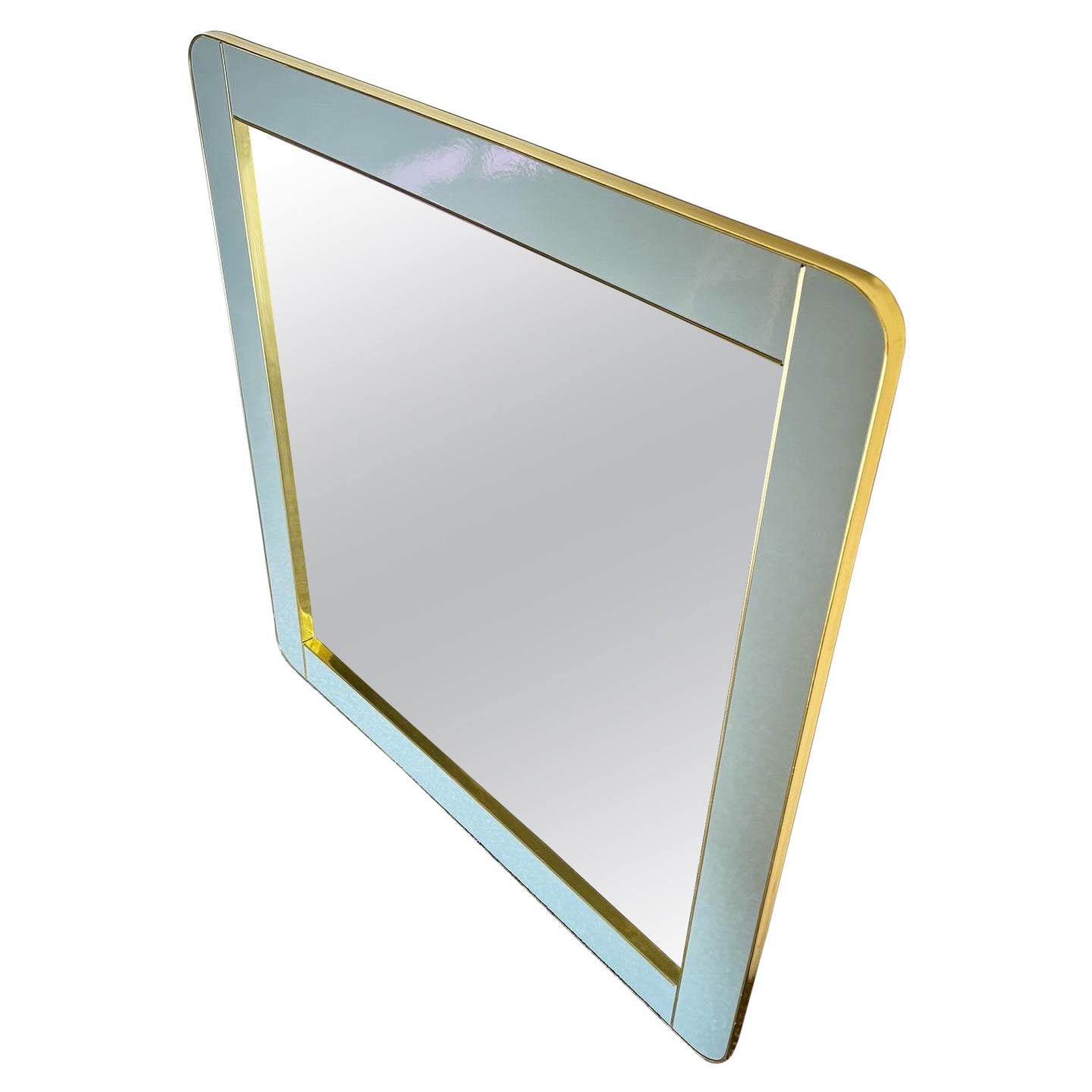 Postmodern Italian Baby Blue Lacquered Mirror With Gold Accent For Sale