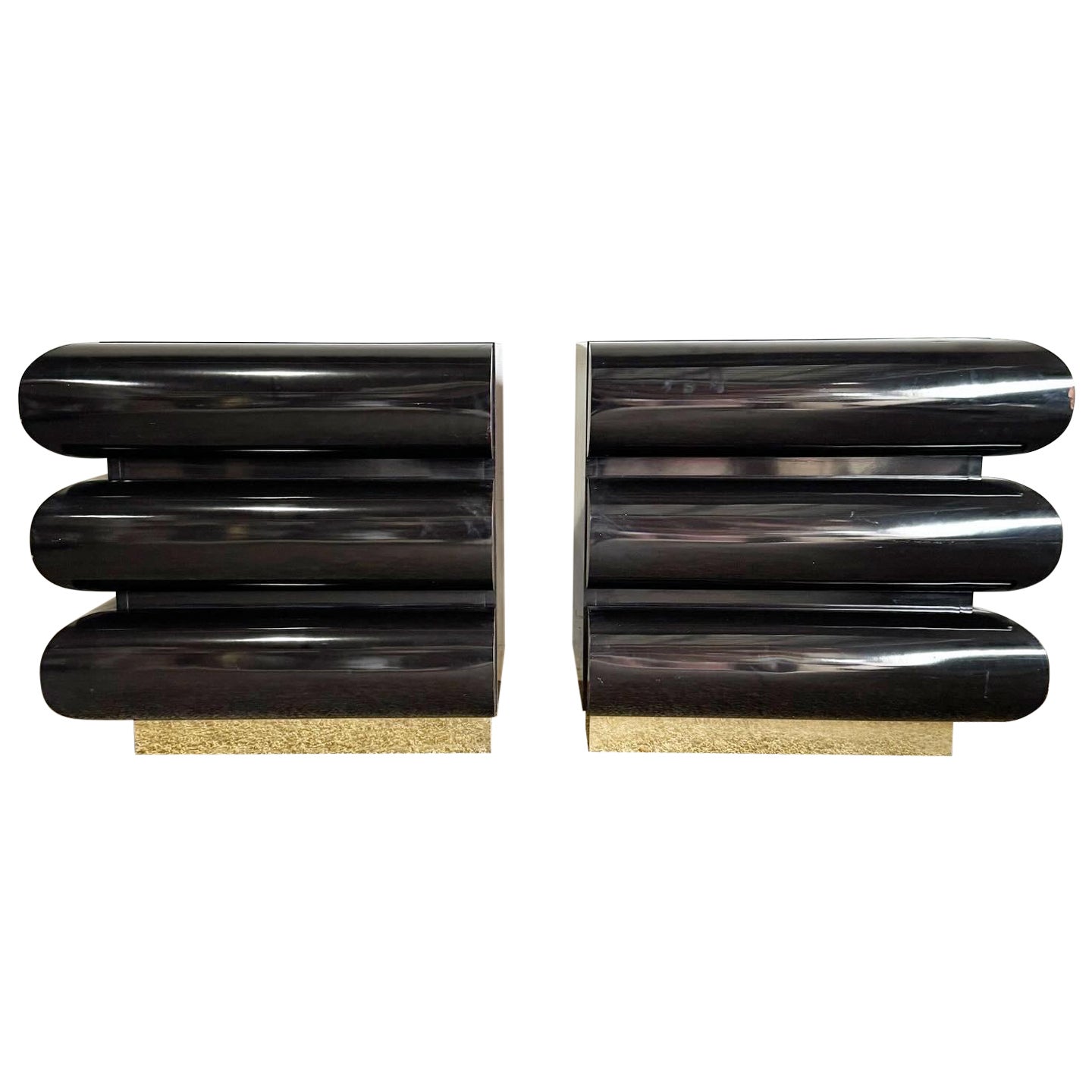 Postmodern Black Lacquer Laminate Bullnose Nightstands With Gold Base - a Pair For Sale
