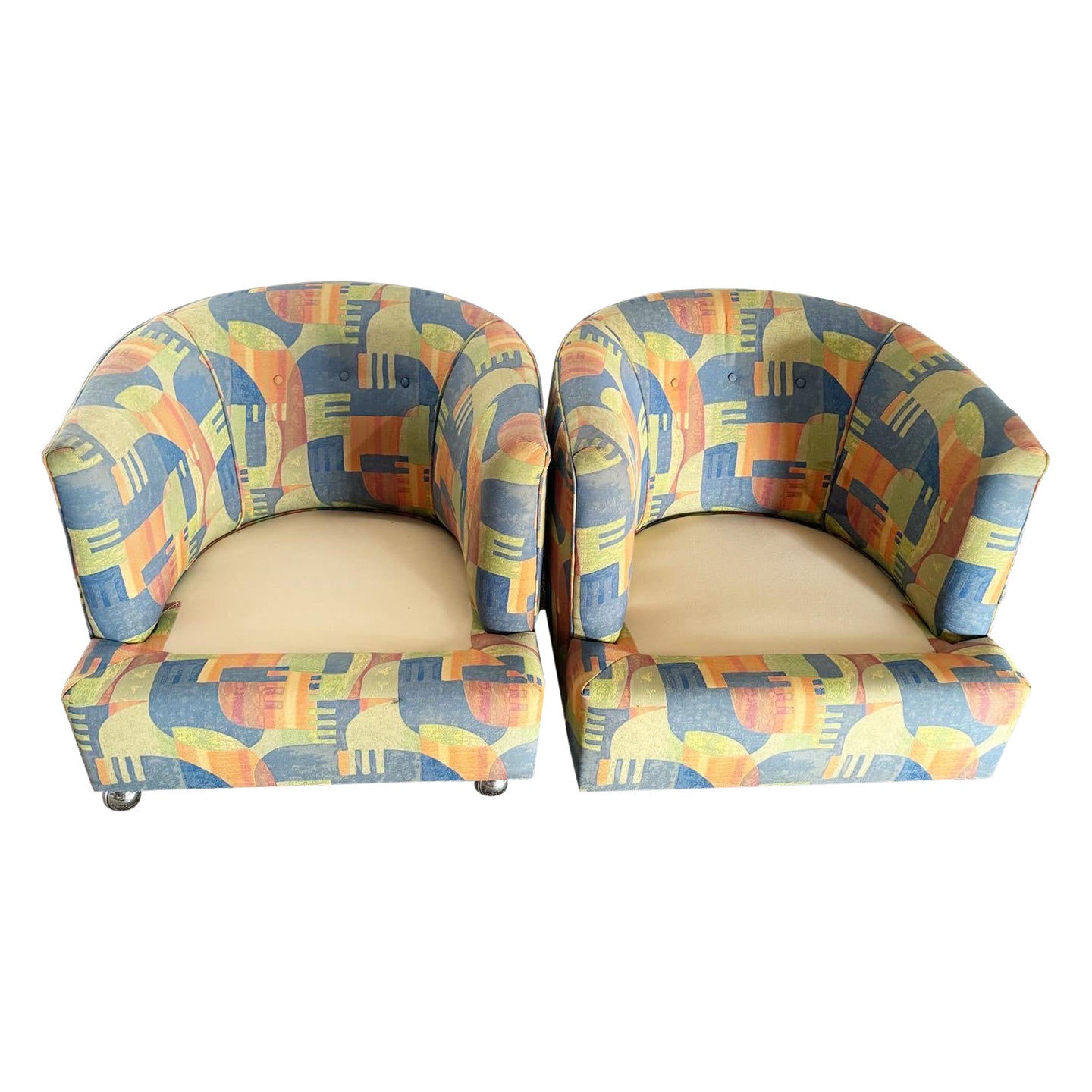 Postmodern Multi Color Barrel Chairs in Chrome Casters For Sale