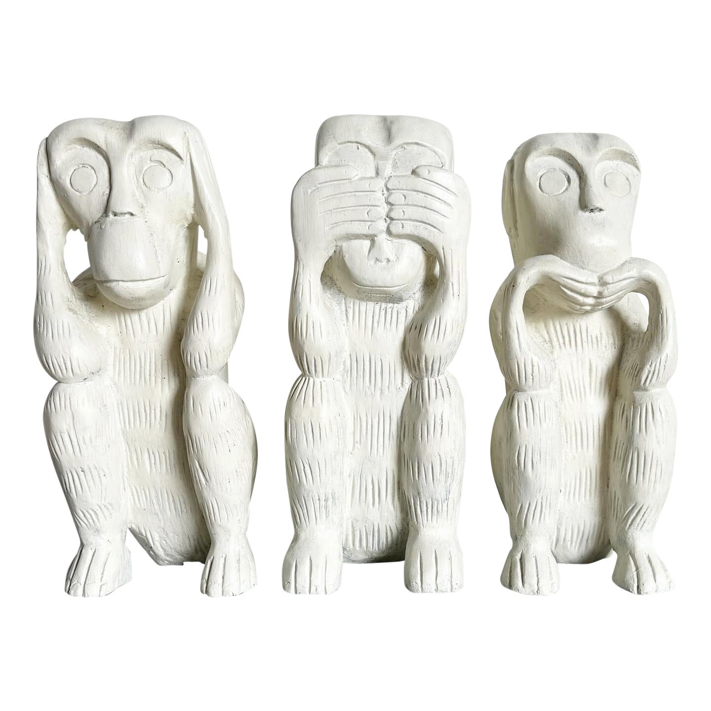 Mid Century Hand Carved and Painted Wooden Monkeys - Hear, Say, Speak No Evil For Sale