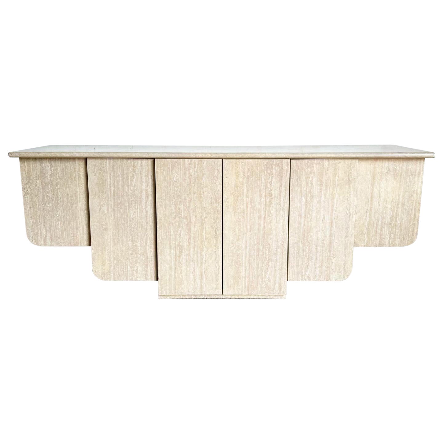 Postmodern Floating Scalloped Faux Travertine Laminate Credenza For Sale