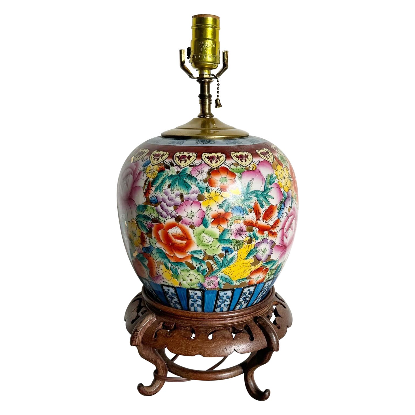 Chinese Hand Painted Pagoda Table Lamp on Hand Carved Wooden Base For Sale