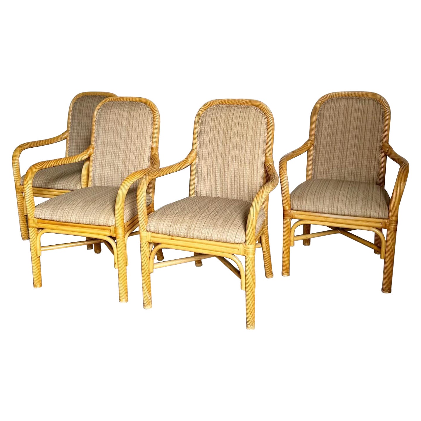 Boho Chic Twisted Pencil Reed Rattan Arm Dining Chairs - Set of 4