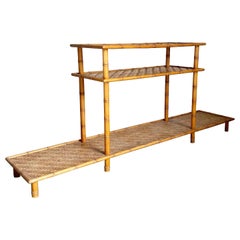 Vintage Boho Chic Faux Bamboo and Herringbone Wicker Console Table Etagere