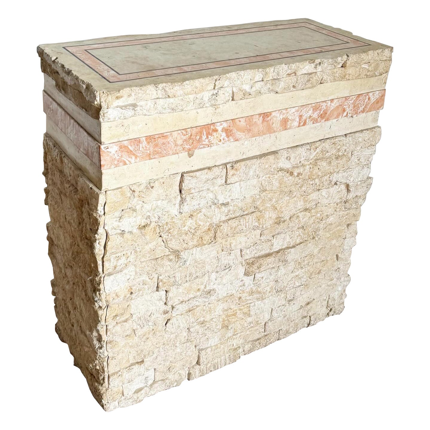 Postmoderne Pedestal-Konsole aus Mosaikstein und rosa Stein mit Messingintarsien im Angebot
